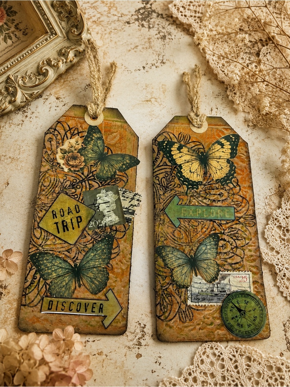 Set of 2 Handmade Travel Butterfly Tags, Recycled Cardboard Mixed Media Tags,